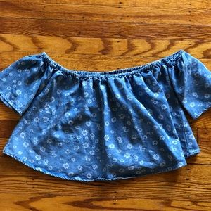 Denim off the shoulder flower blouse